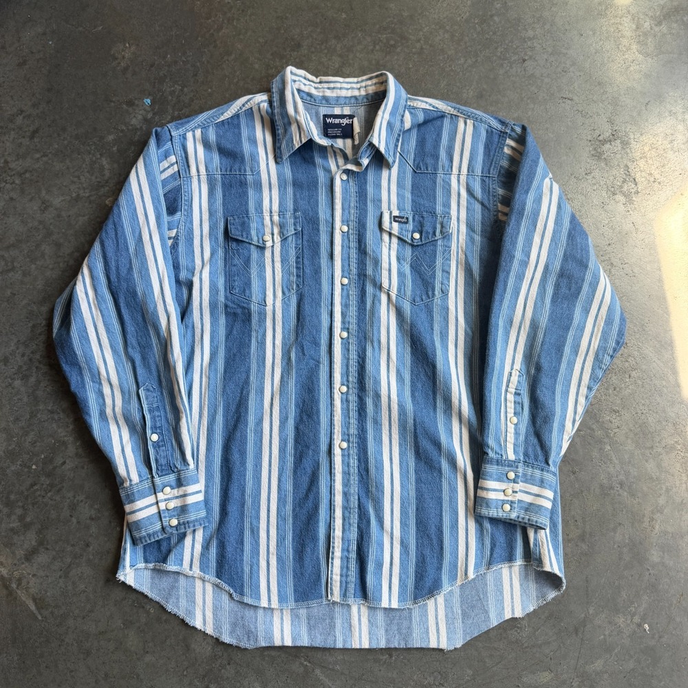 Vintage Wrangler Pearl Snap Brushpopper Shirt XL 25x29 Blue White Western Rodeo